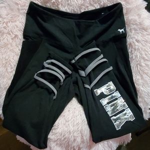 Pink capris leggings cross cross bottom with bling